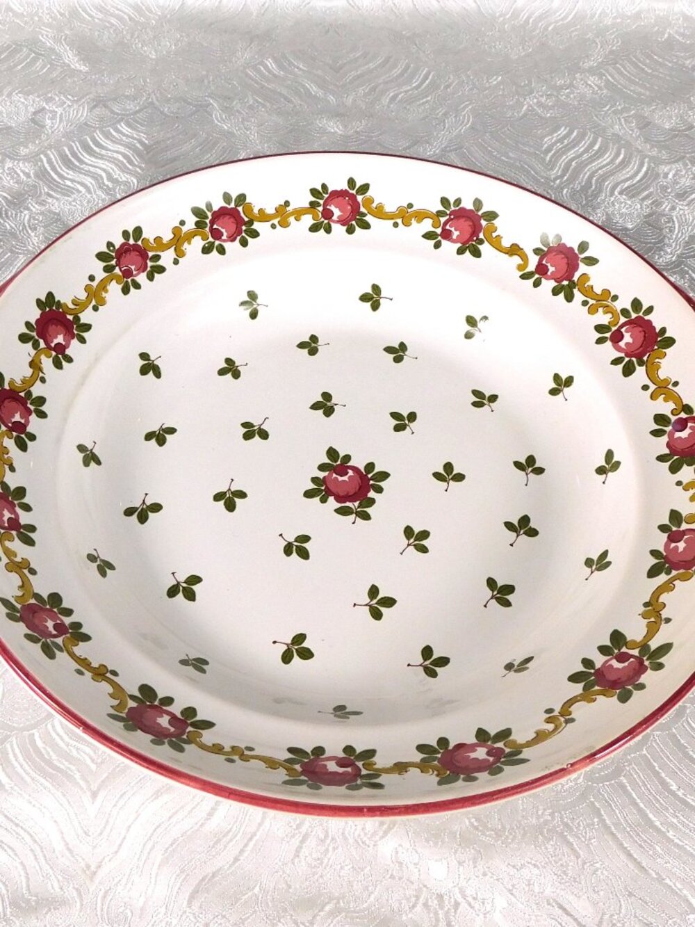 Round White Serving Dish with Pink Flowers and Handles # 27629